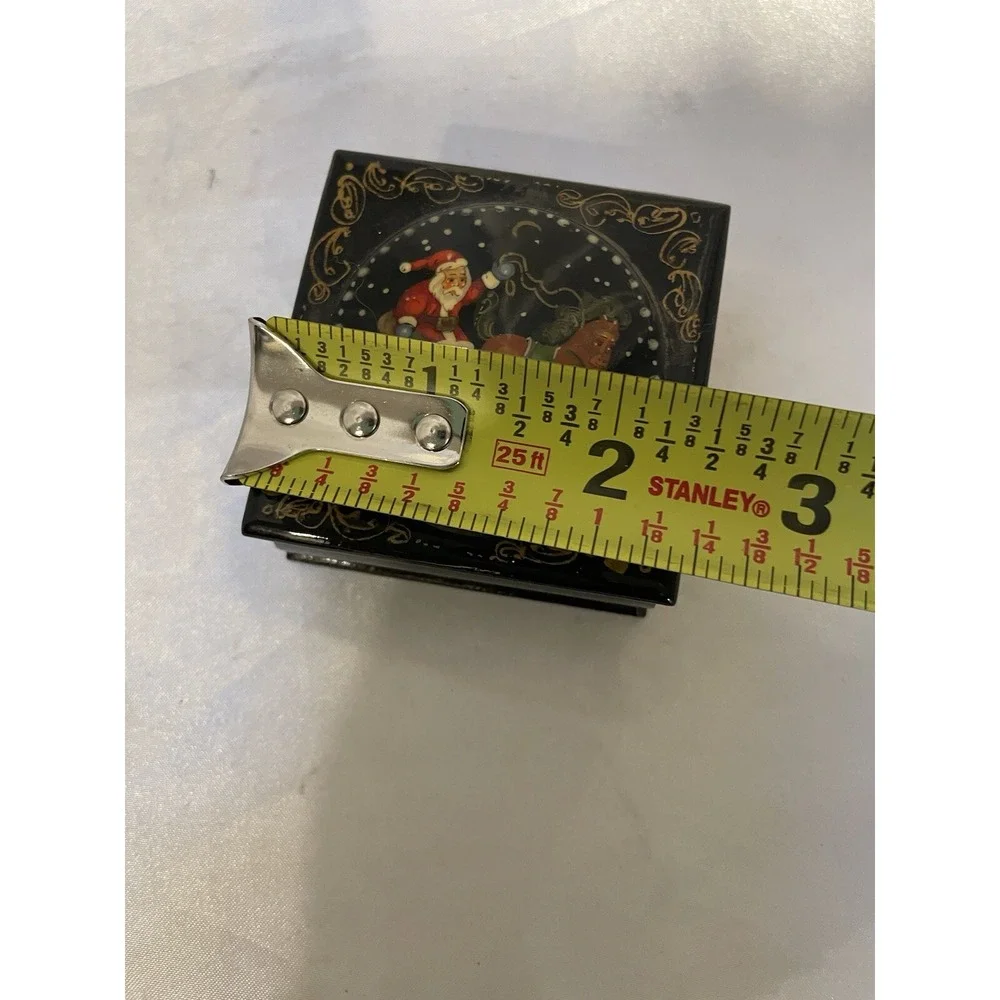 Vintage Black Lacquer Santa Claus Christmas Hand Painted Trinket Box